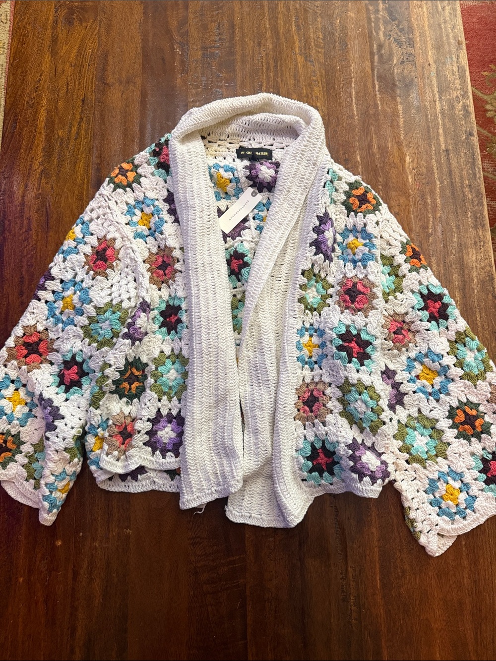 Anthropologie White Crochet Open-Front Cardigan with Multicolor Floral Squares